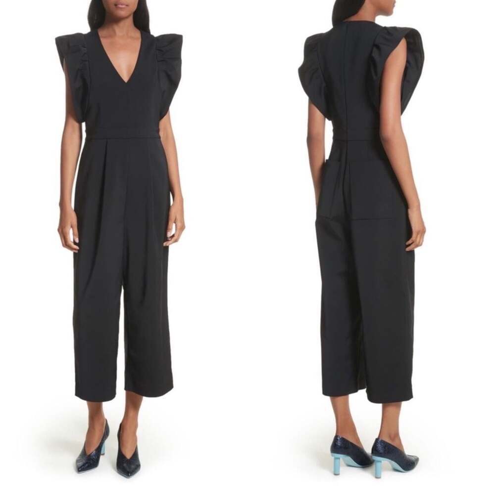 Tibi Black Faille V-Neck Ruffled Sleeve Wide Leg Jumpsuit